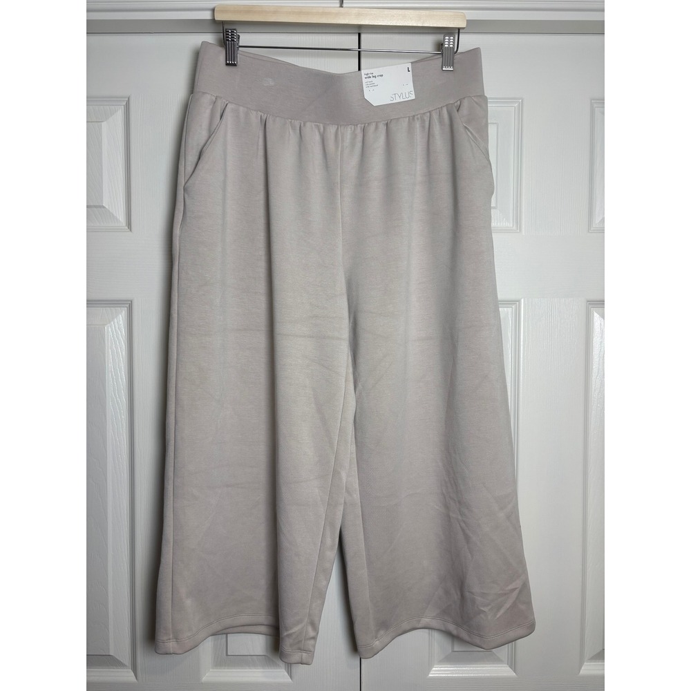 Stylus Womens High Rise Wide Leg Crop Pants Silver Gray Soft Touch Large NEW